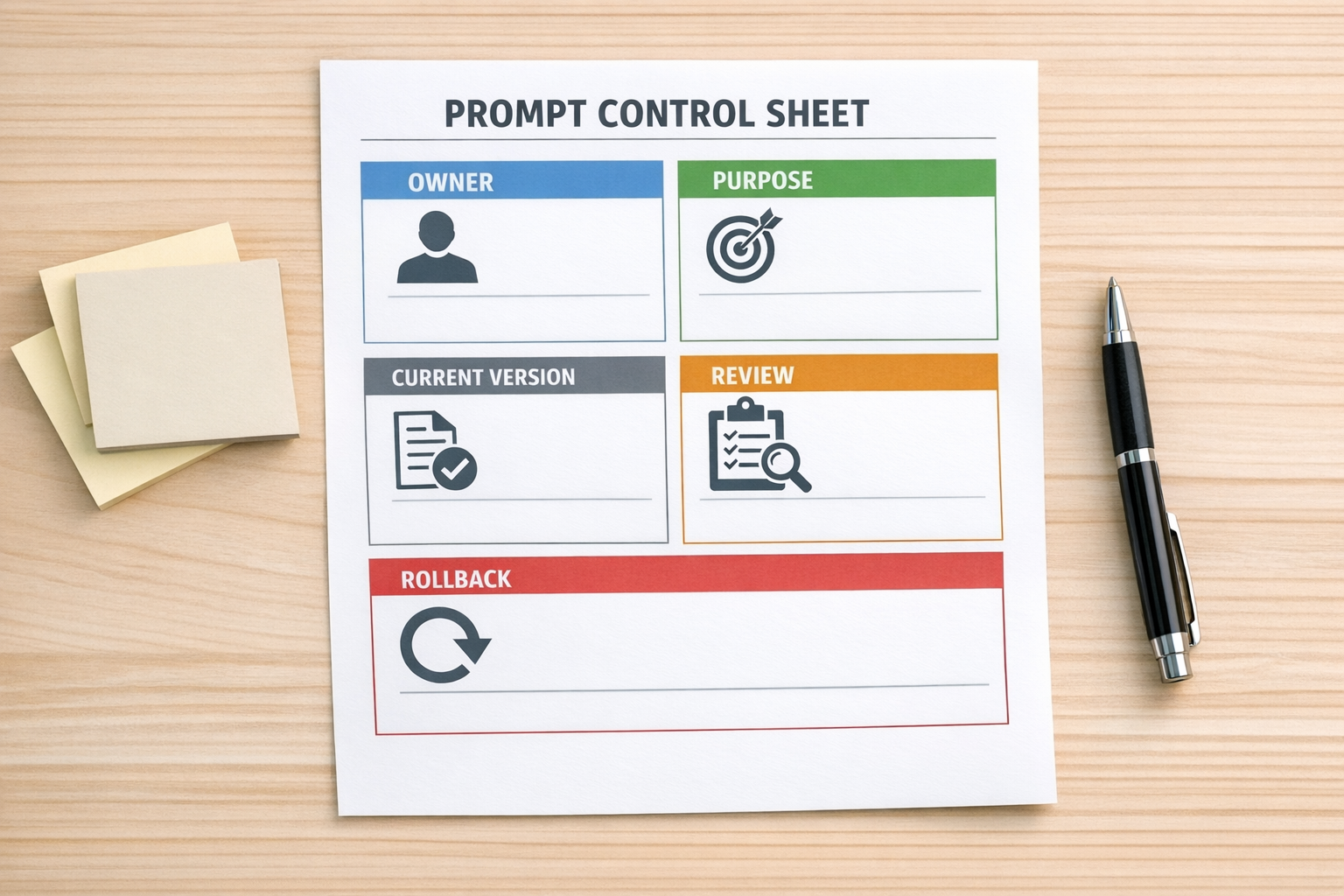 A printed worksheet for managing AI prompts with sections for owner, current version, use case, approval status, and rollback notes.