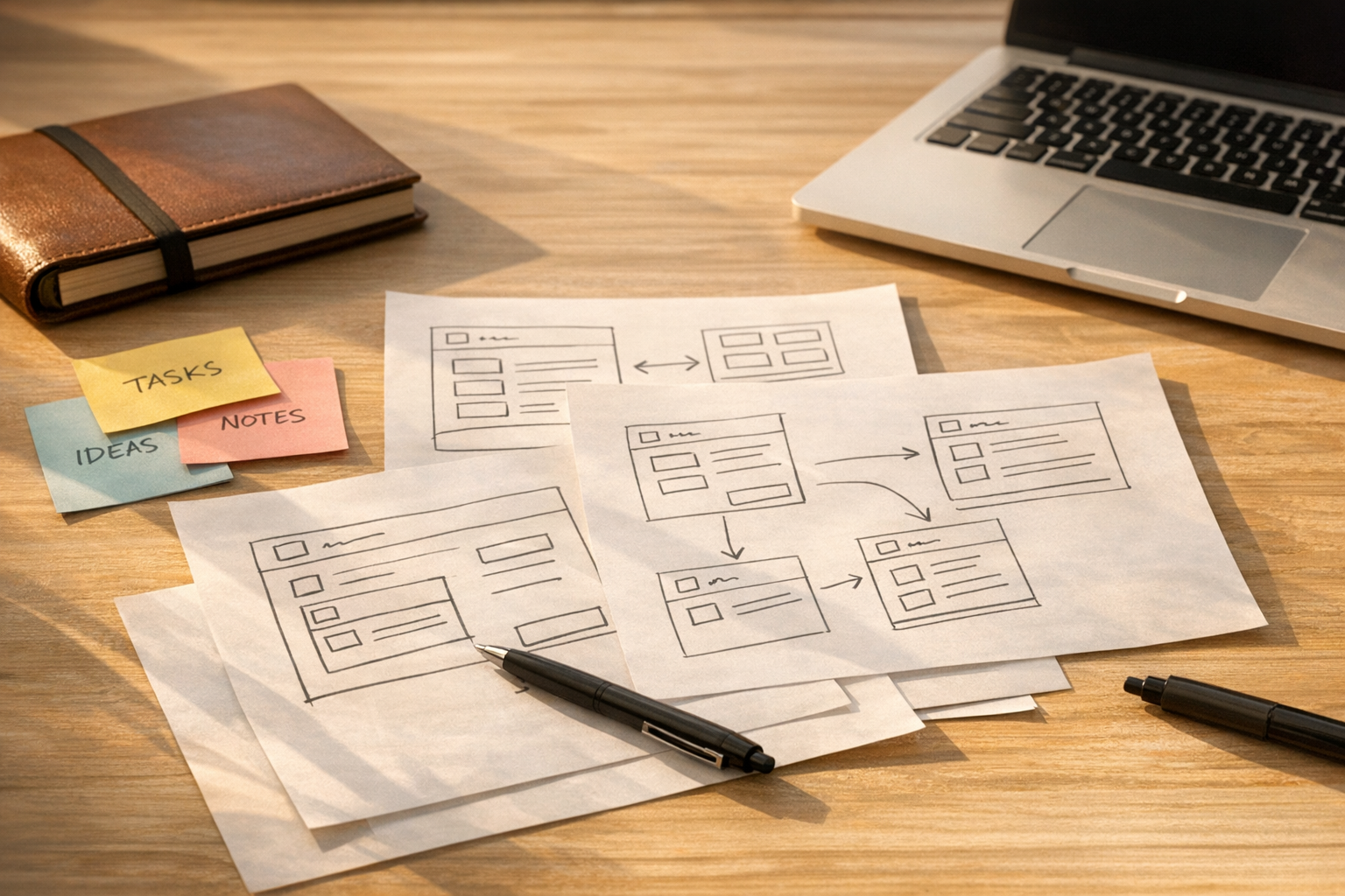 A clean desk with paper interface sketches, sticky notes, and a laptop used to plan an internal workflow prototype before automation.