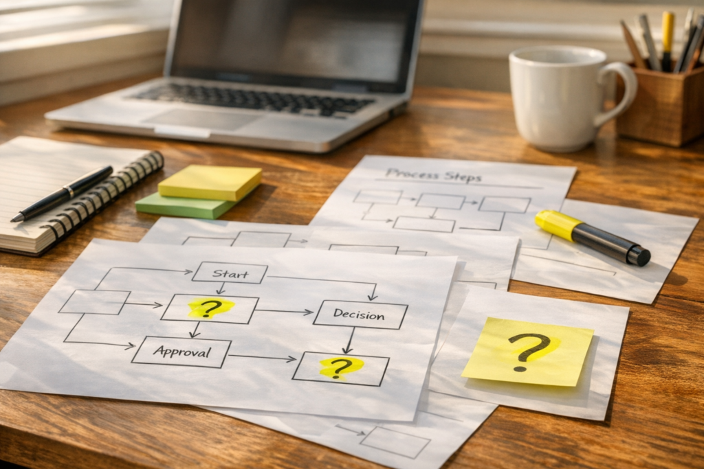 A calm office desk with printed process notes, a laptop, and highlighted customer questions used to clarify business workflows.