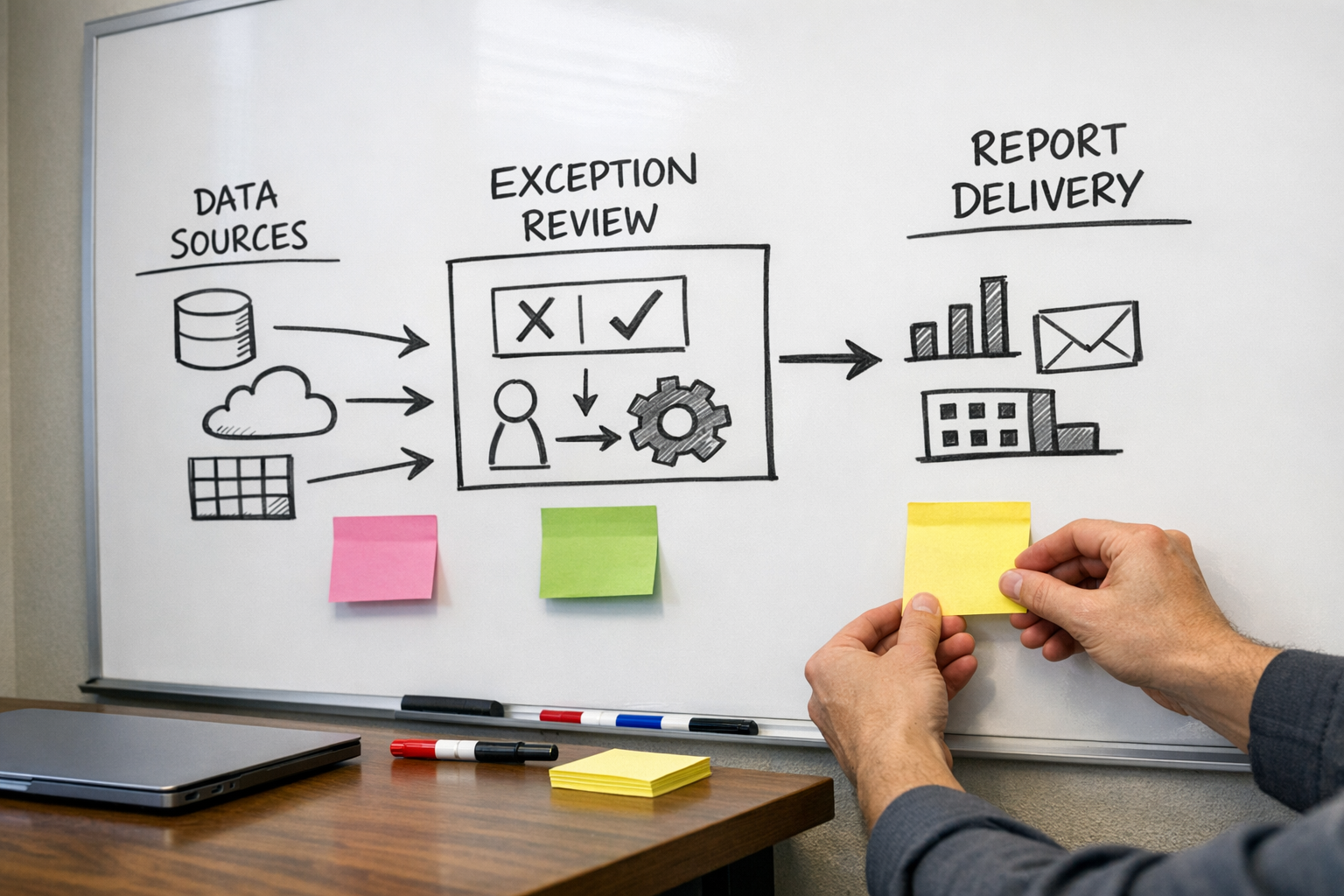 A team workspace with a whiteboard sketch showing reporting inputs, exception handling, and final delivery planning.