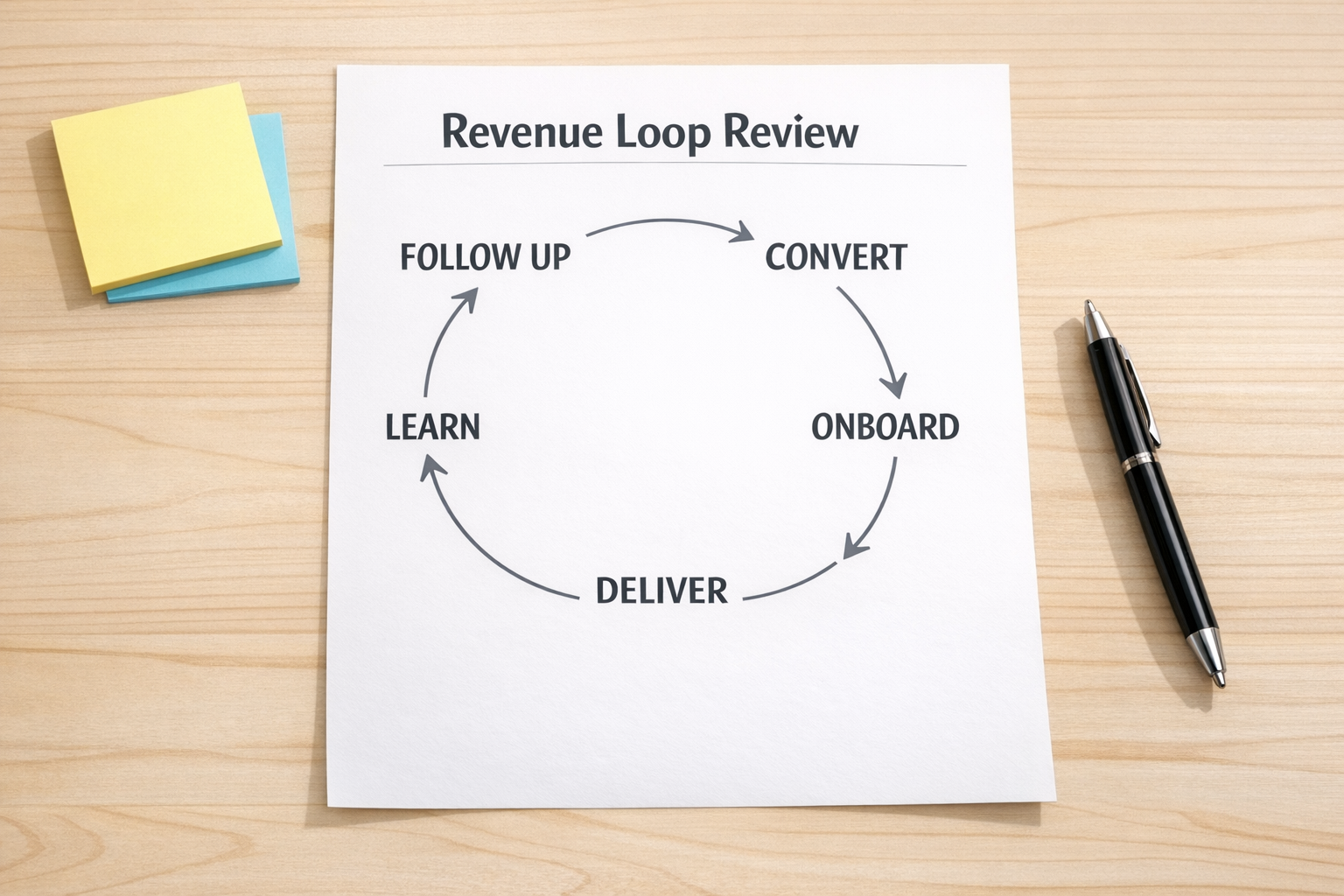 A printed worksheet showing a simple five-part revenue loop with sections for convert, onboard, deliver, learn, and follow up.