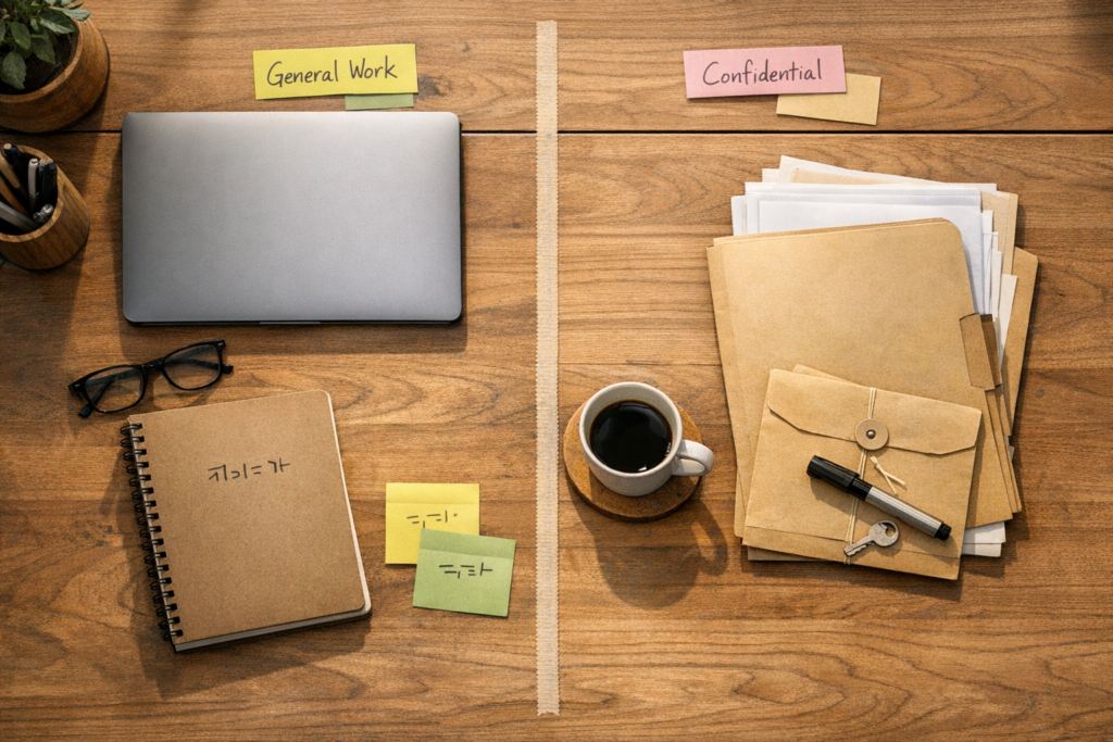 A clean office desk with a laptop, notebook, and a visible boundary line separating public notes from private business documents.