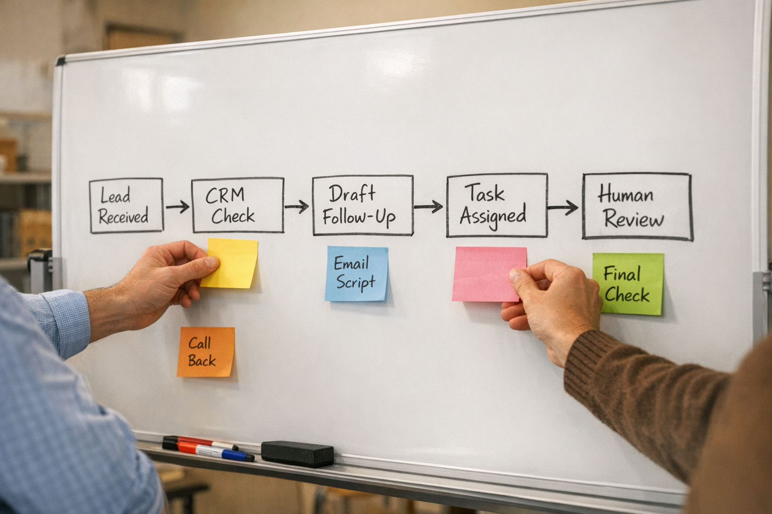 A team workspace with a whiteboard sketch planning an AI-assisted sales follow-up workflow
