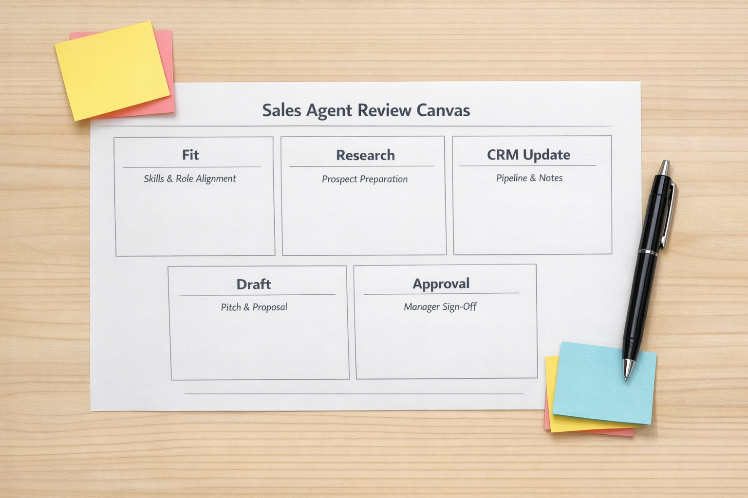 A simple printed sales agent review canvas with sections for fit, research, CRM update, draft, and human approval.
