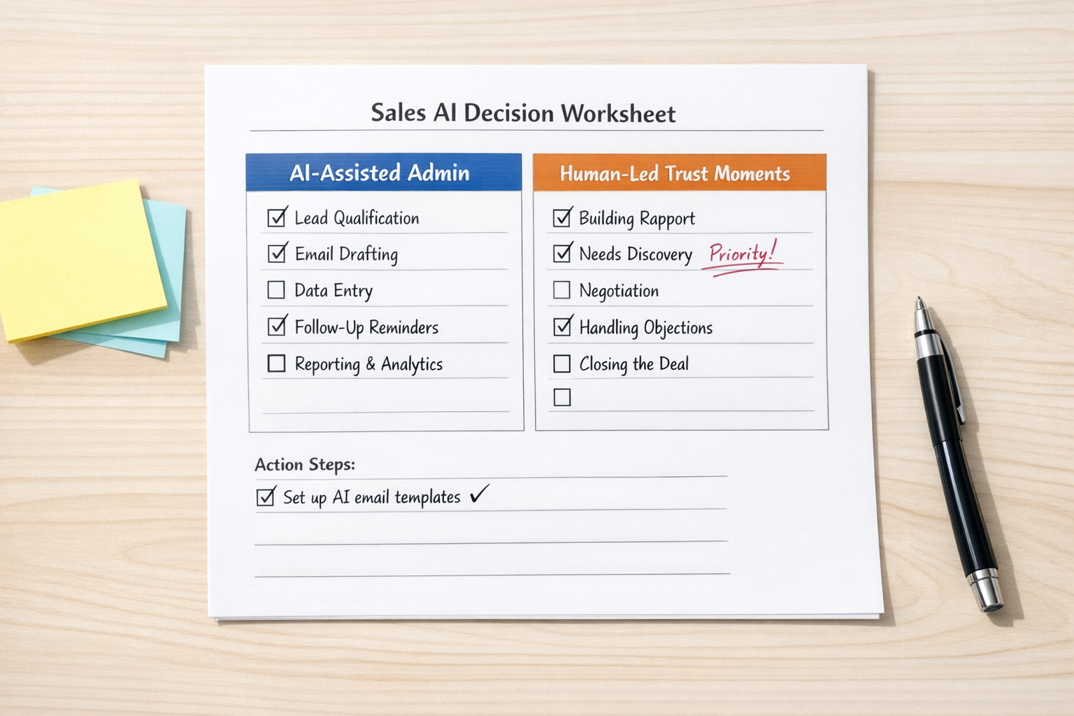 A printed worksheet for deciding which sales tasks AI should handle and which should stay human-led.