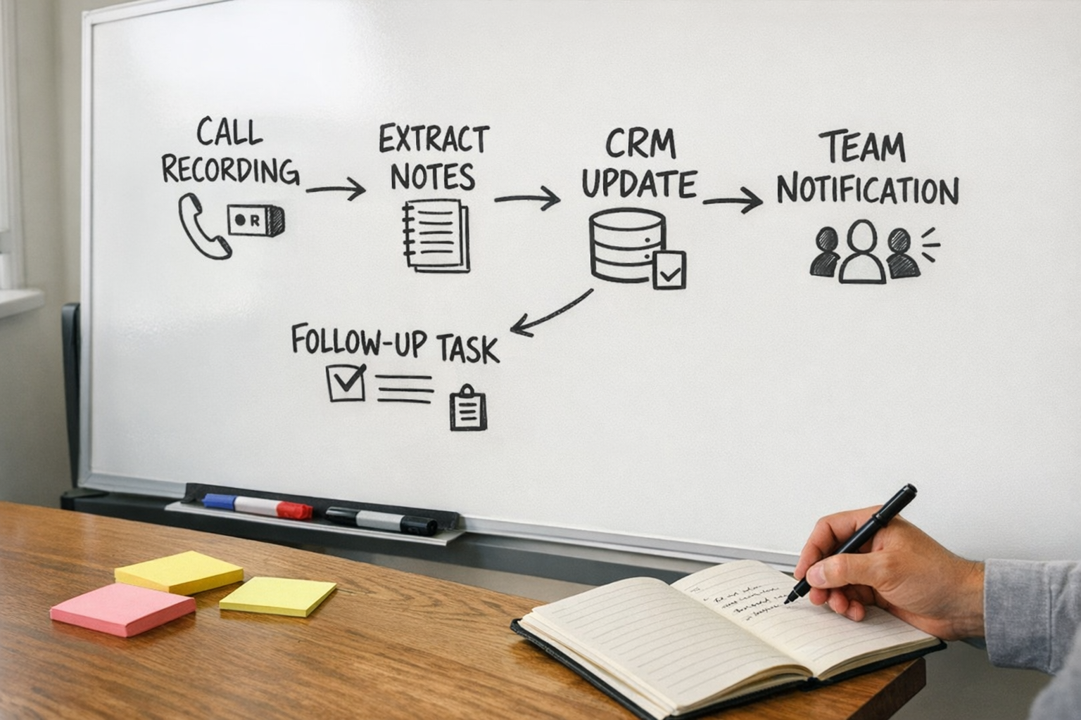A workspace scene with a whiteboard sketch showing a sales call moving into CRM updates and team follow-up tasks.
