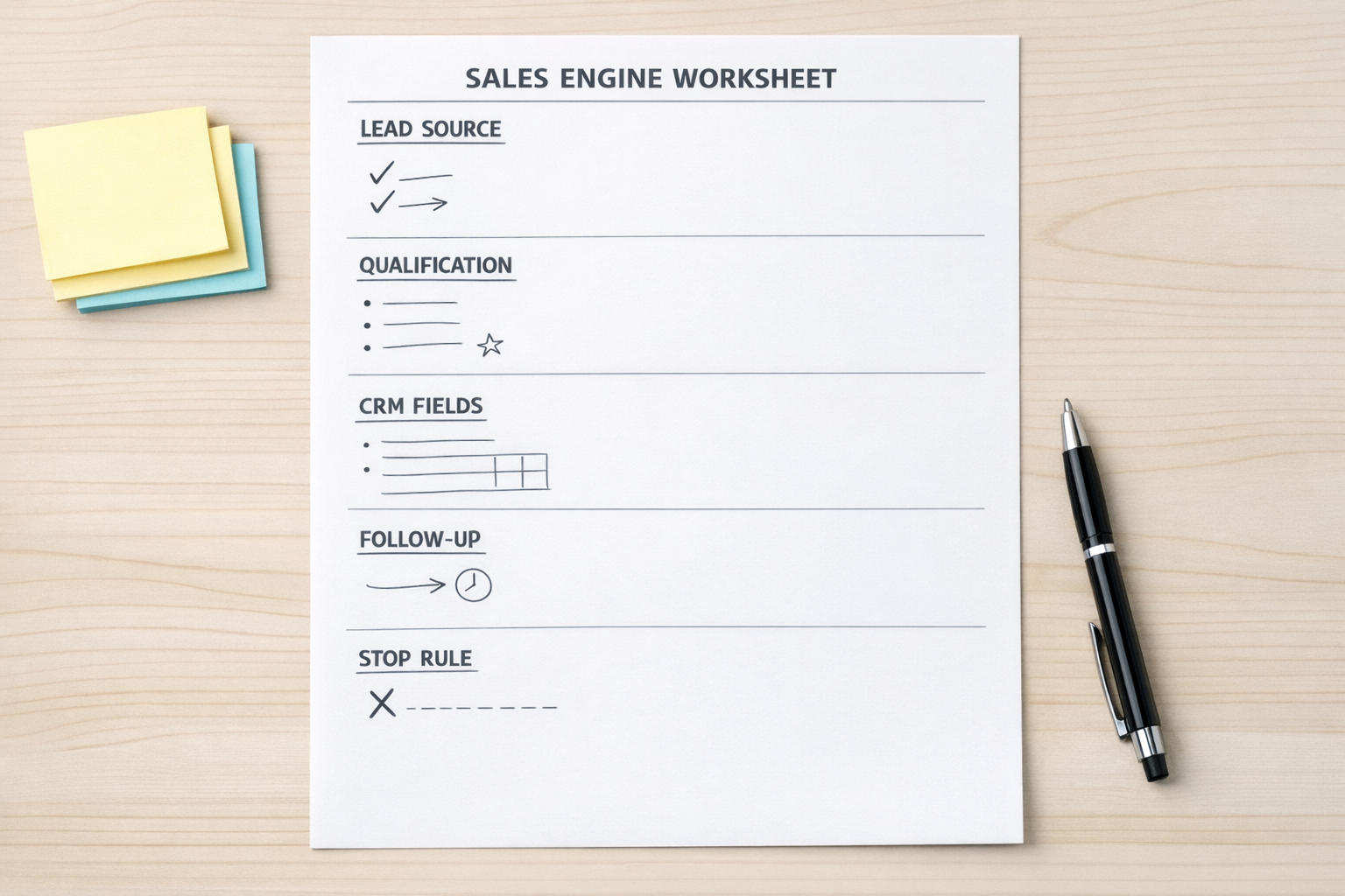 A printed worksheet for mapping lead source, qualification rules, CRM fields, follow-up timing, and automation opportunities.
