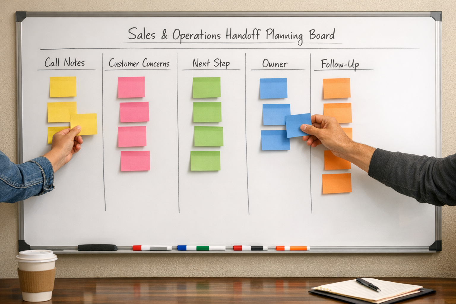 A sales handoff planning board with sticky notes and process steps for moving customer insights into follow-up actions.