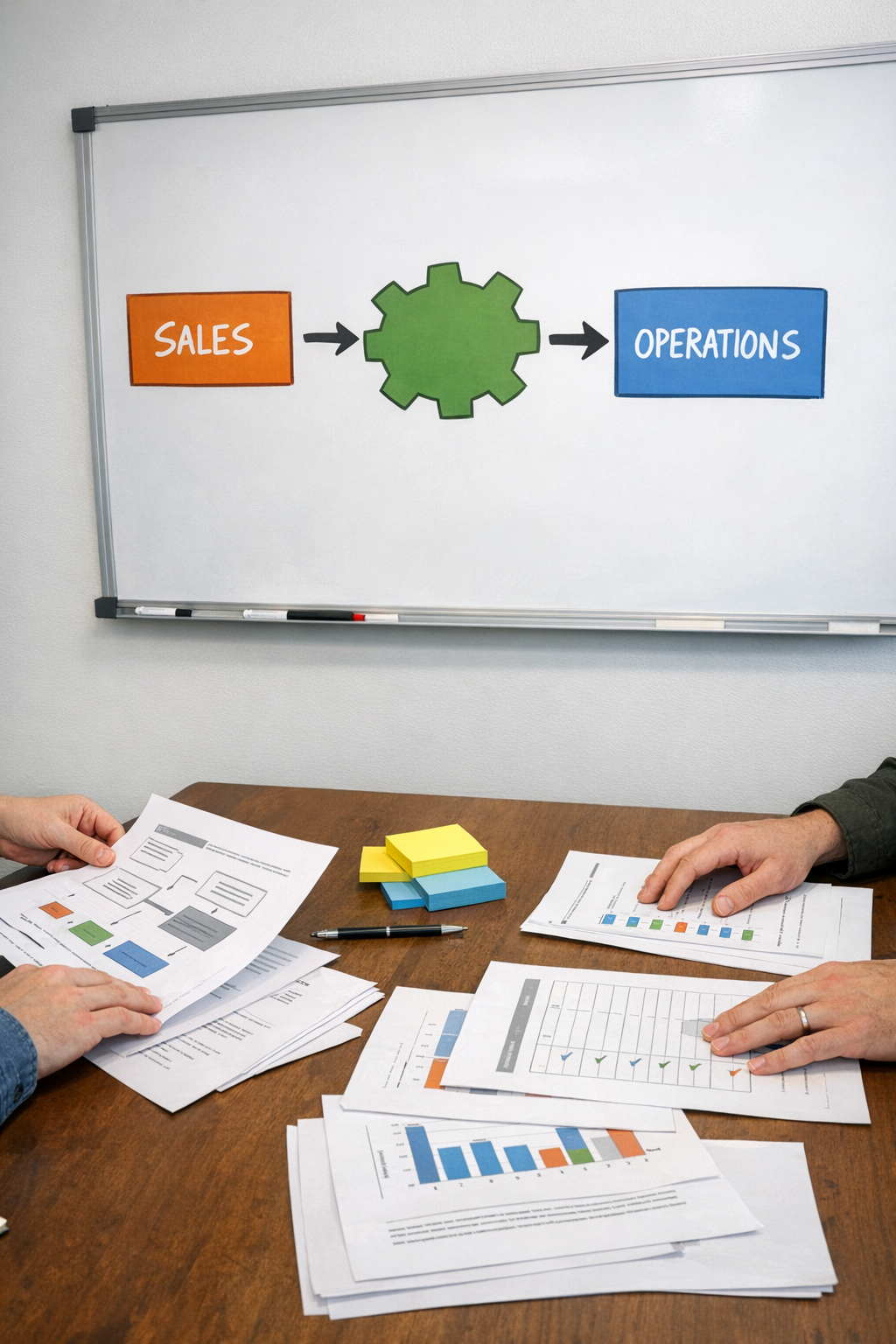 A workspace with a whiteboard and notes planning an AI-assisted sales to operations handoff.