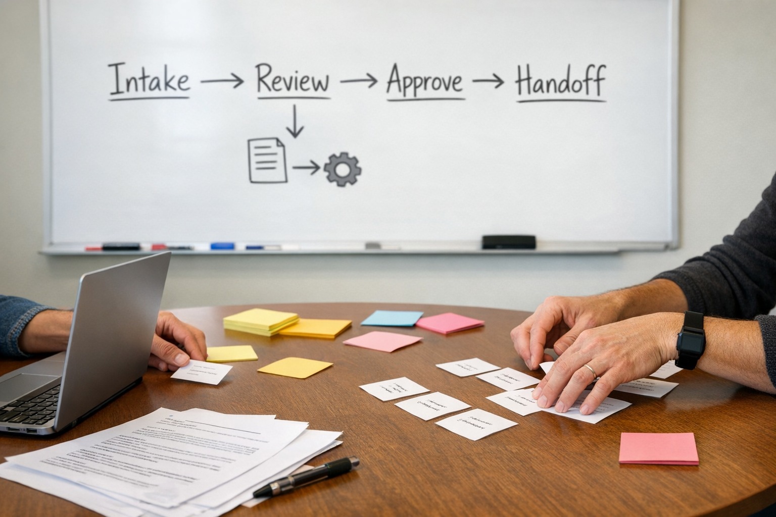 A workspace with sticky notes and a whiteboard sketch for planning a sales to operations handoff