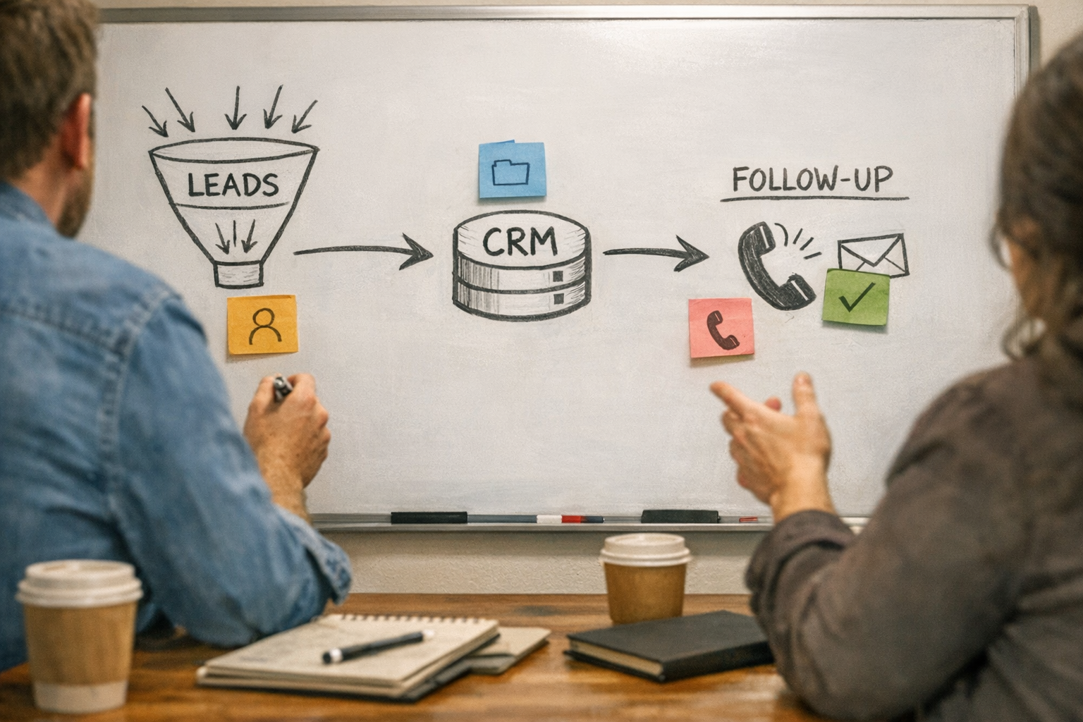A whiteboard and desk setup showing a practical sales handoff plan with sticky notes and simple workflow arrows.
