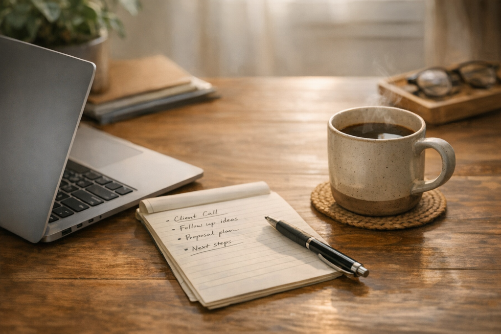 A calm office desk with handwritten sales notes, a laptop, and a coffee cup representing human judgment in sales automation.