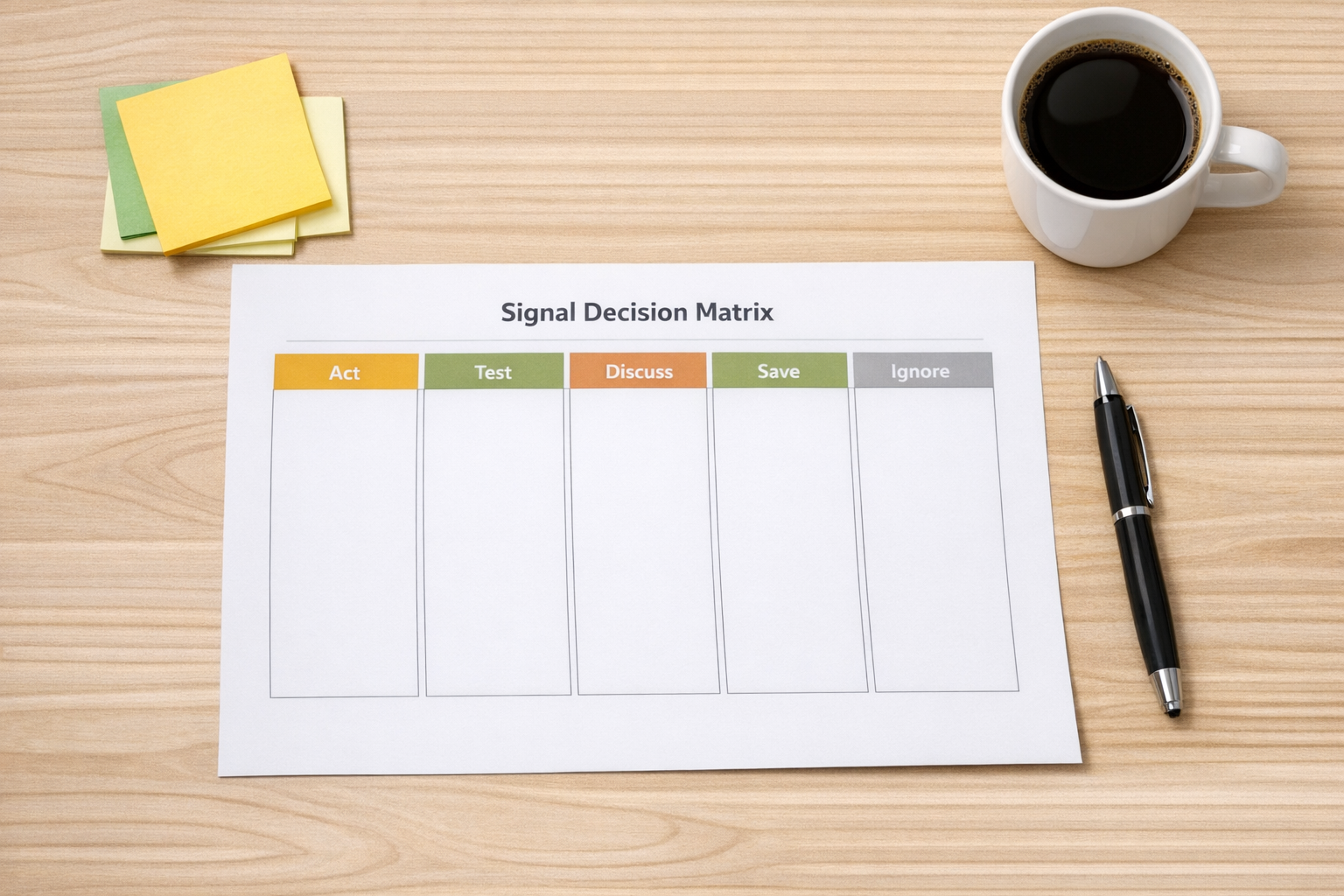 A printed decision matrix for sorting business signals into act, test, discuss, save, and ignore categories.