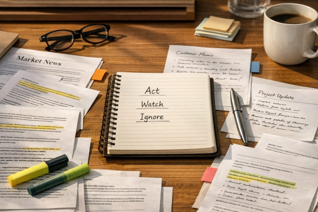 A calm office desk with printed notes, highlighted signals, and a notebook used to decide what information deserves action.