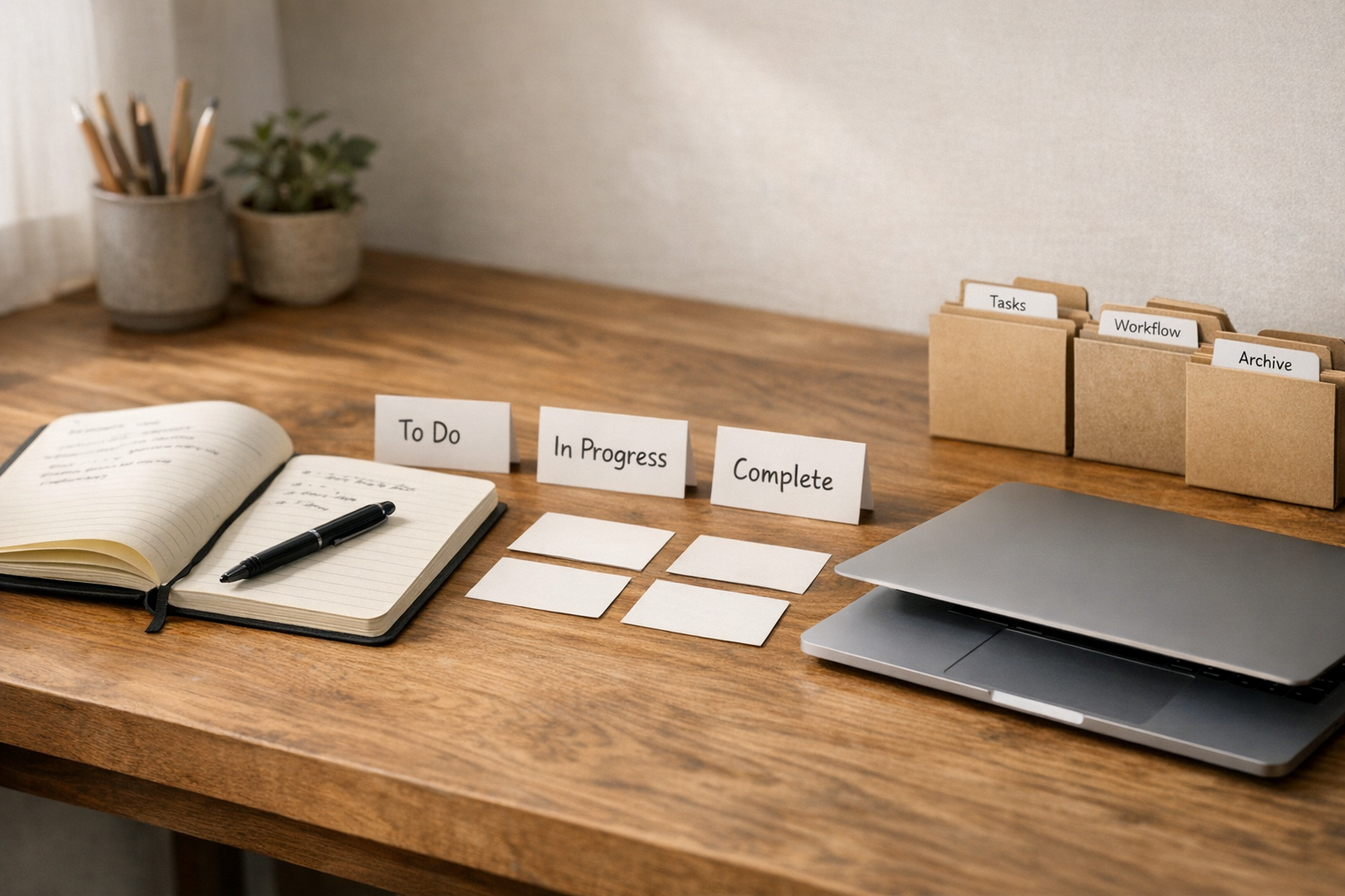 A calm desk setup with notebooks, task cards, and tools arranged to represent repeatable AI-assisted business operations.