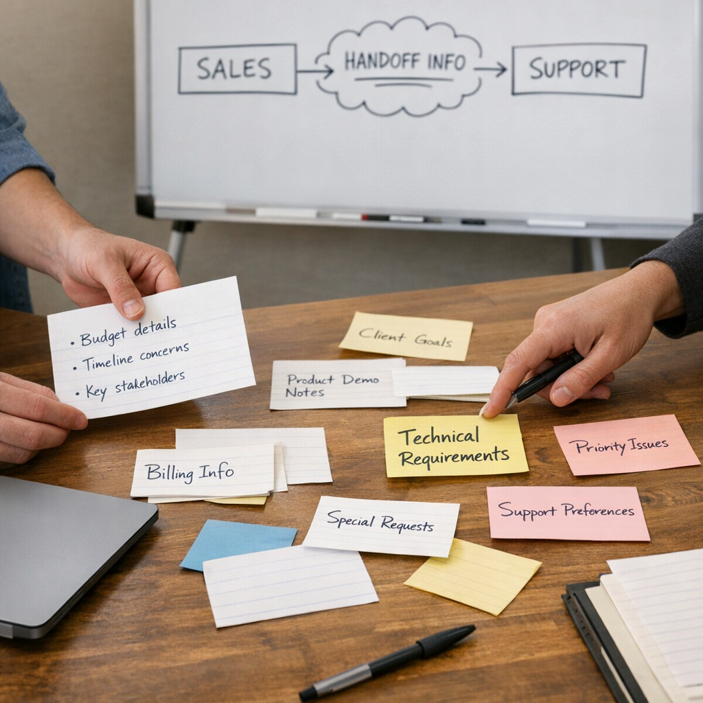 A team workspace with hands arranging notes for an AI-supported customer support handoff process.