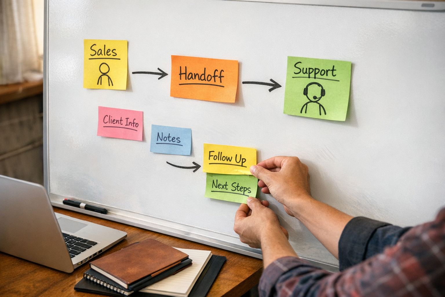 A team workspace with sticky notes and a whiteboard sketch for planning an AI-assisted support workflow