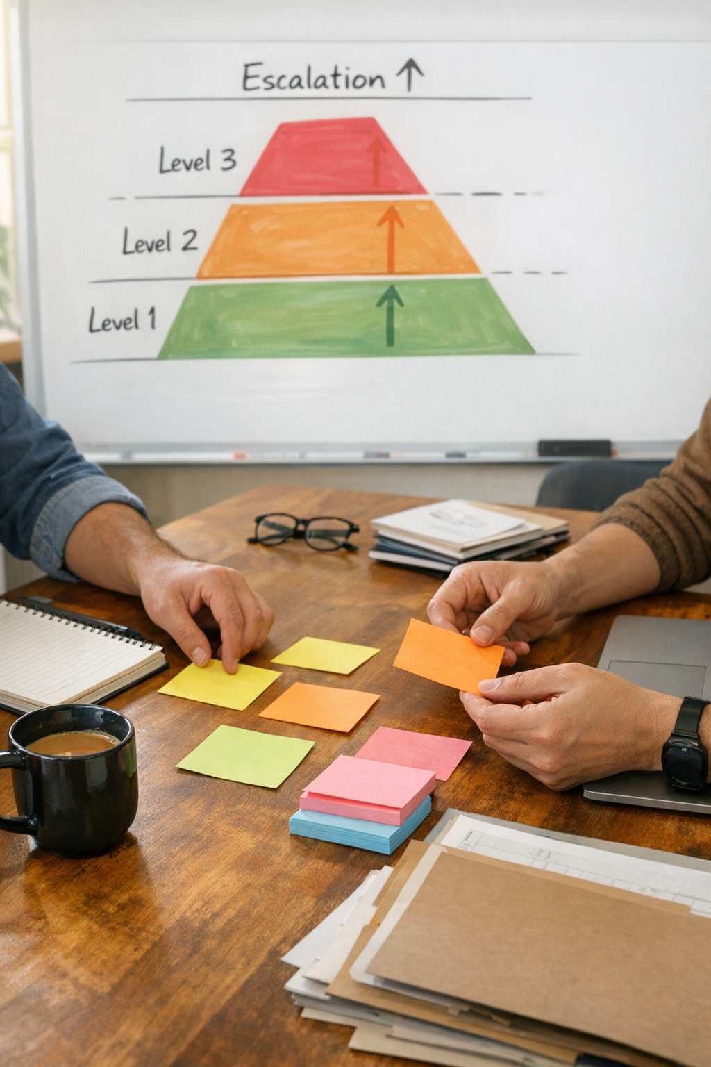A desk workspace with sticky notes and a whiteboard sketch for planning support escalation rules.