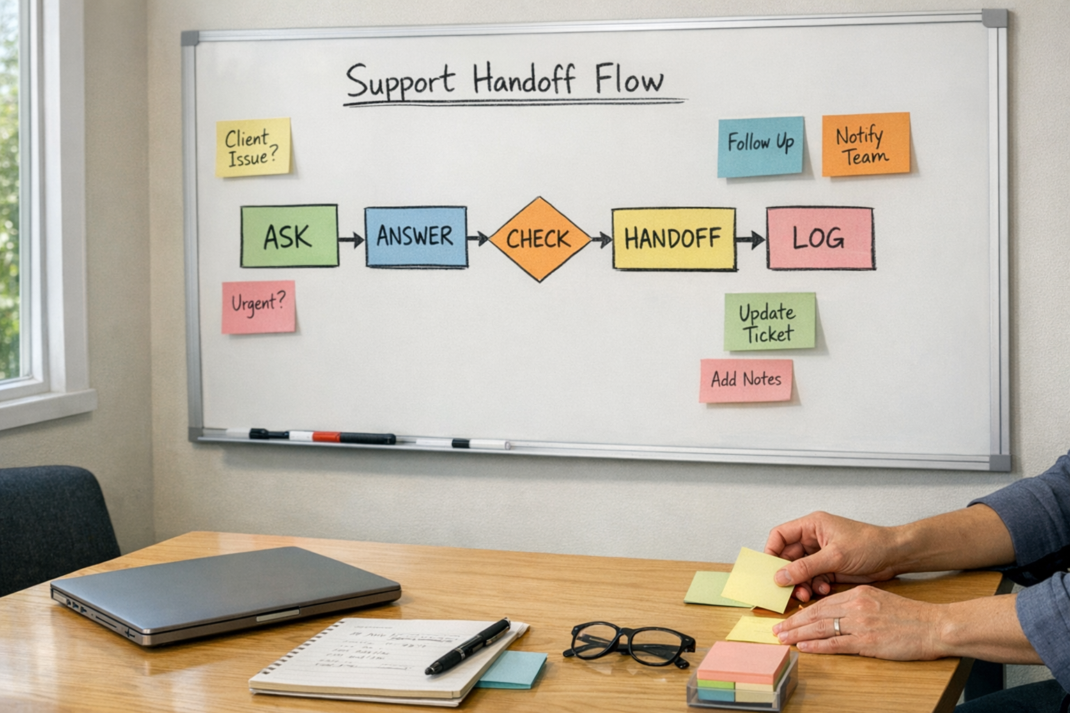 A workspace whiteboard showing a support handoff plan with simple stages and sticky notes, without faces or logos.
