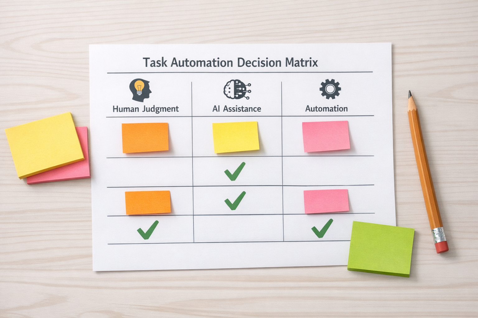 A printed worksheet showing a simple task automation matrix for deciding what humans, AI, and automations should handle