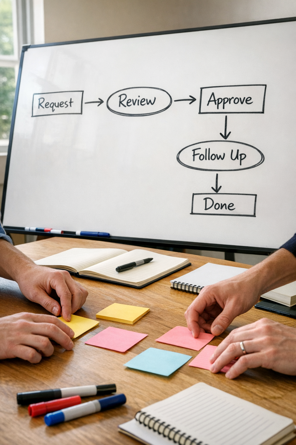 A team workspace with hands arranging sticky notes and a whiteboard sketch for planning practical workflow improvements.