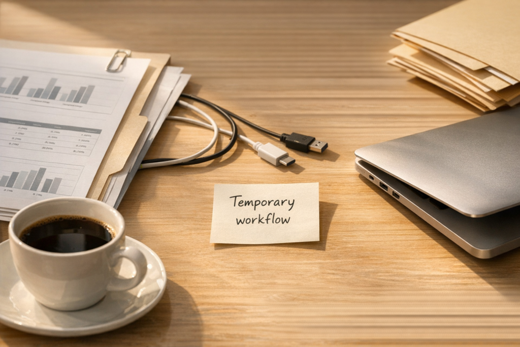 A clean office desk with a temporary note connected to scattered business documents, showing how small automations can leave lasting operational effects.