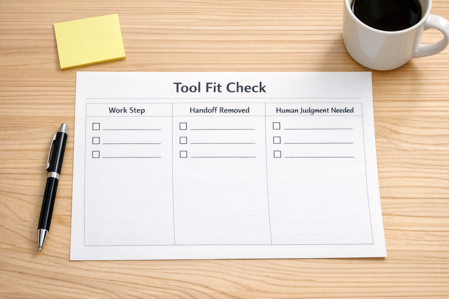 A printed worksheet for evaluating whether a business tool removes friction, supports judgment, or creates more maintenance.