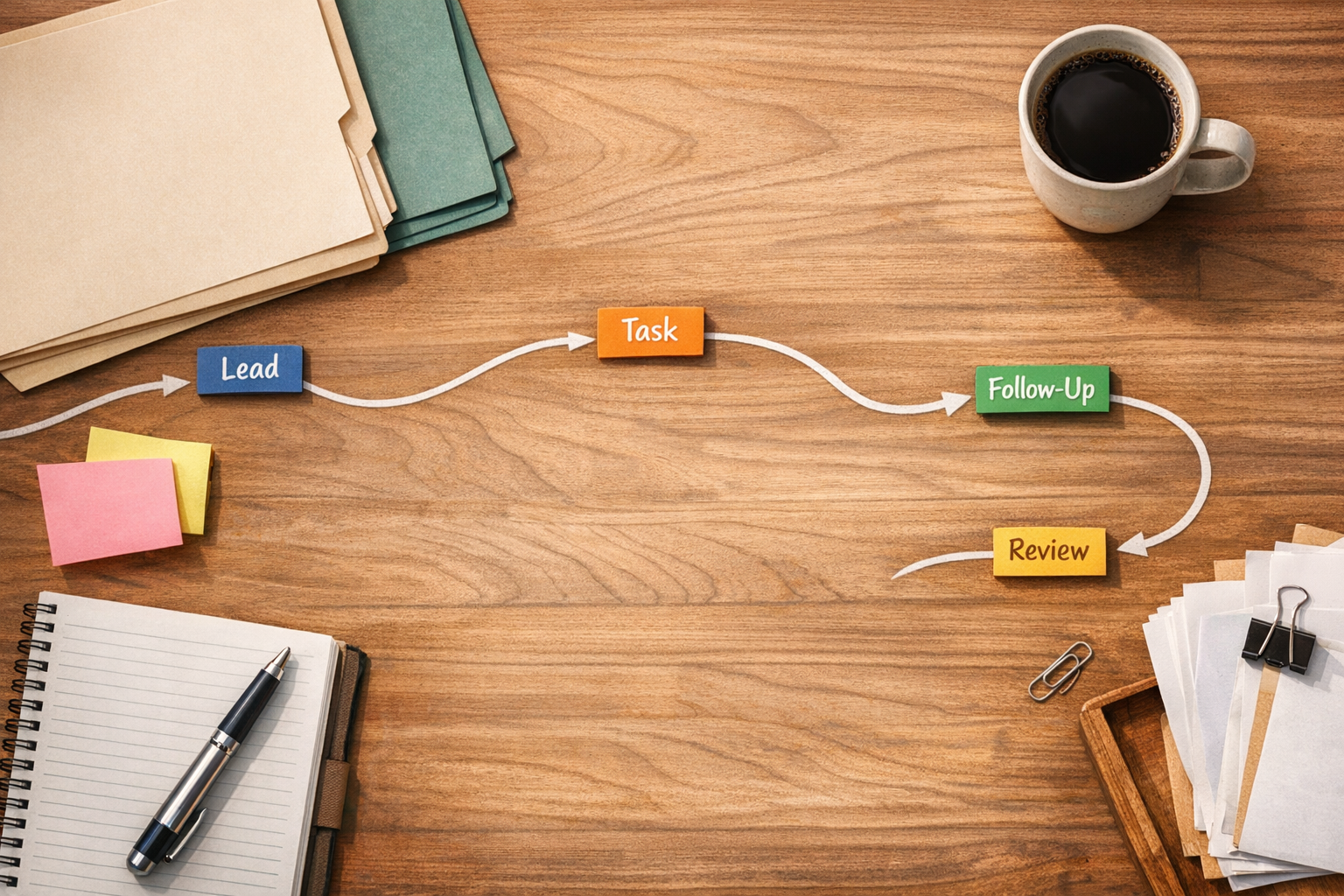 A calm office desk with separate business tools represented by folders and notes, connected by a single marked handoff path.