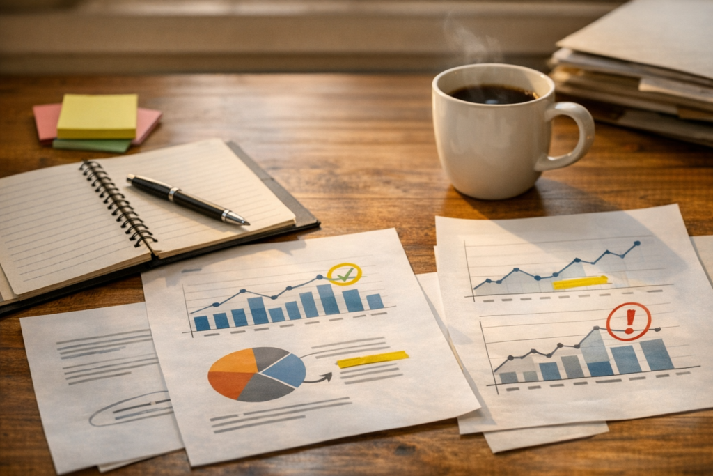 A calm office desk with printed reports, a notebook, and highlighted decision points showing reliable reporting workflow planning.