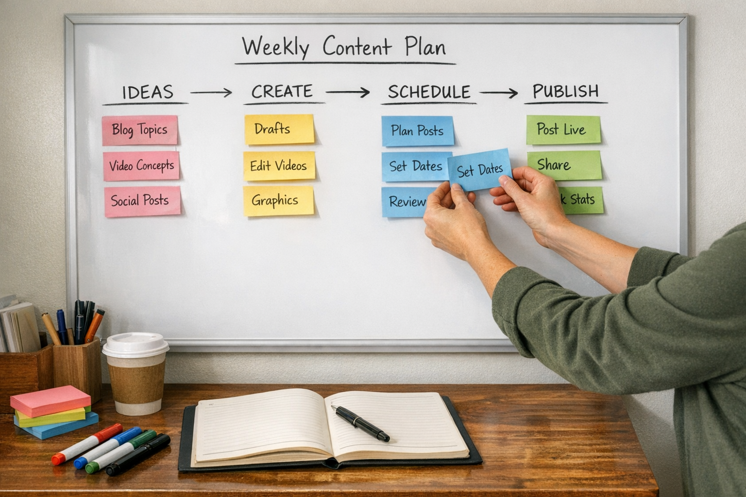 A whiteboard and desk setup showing a weekly content planning session with sticky notes and a simple publishing flow.
