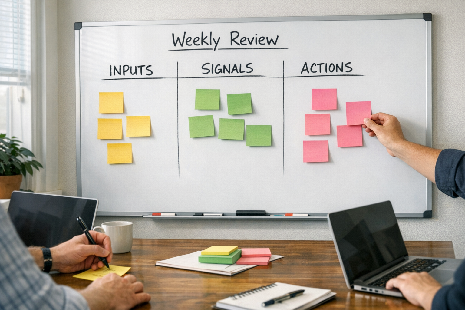 A team planning workspace with sticky notes, a whiteboard, and a simple weekly signal review setup without faces.