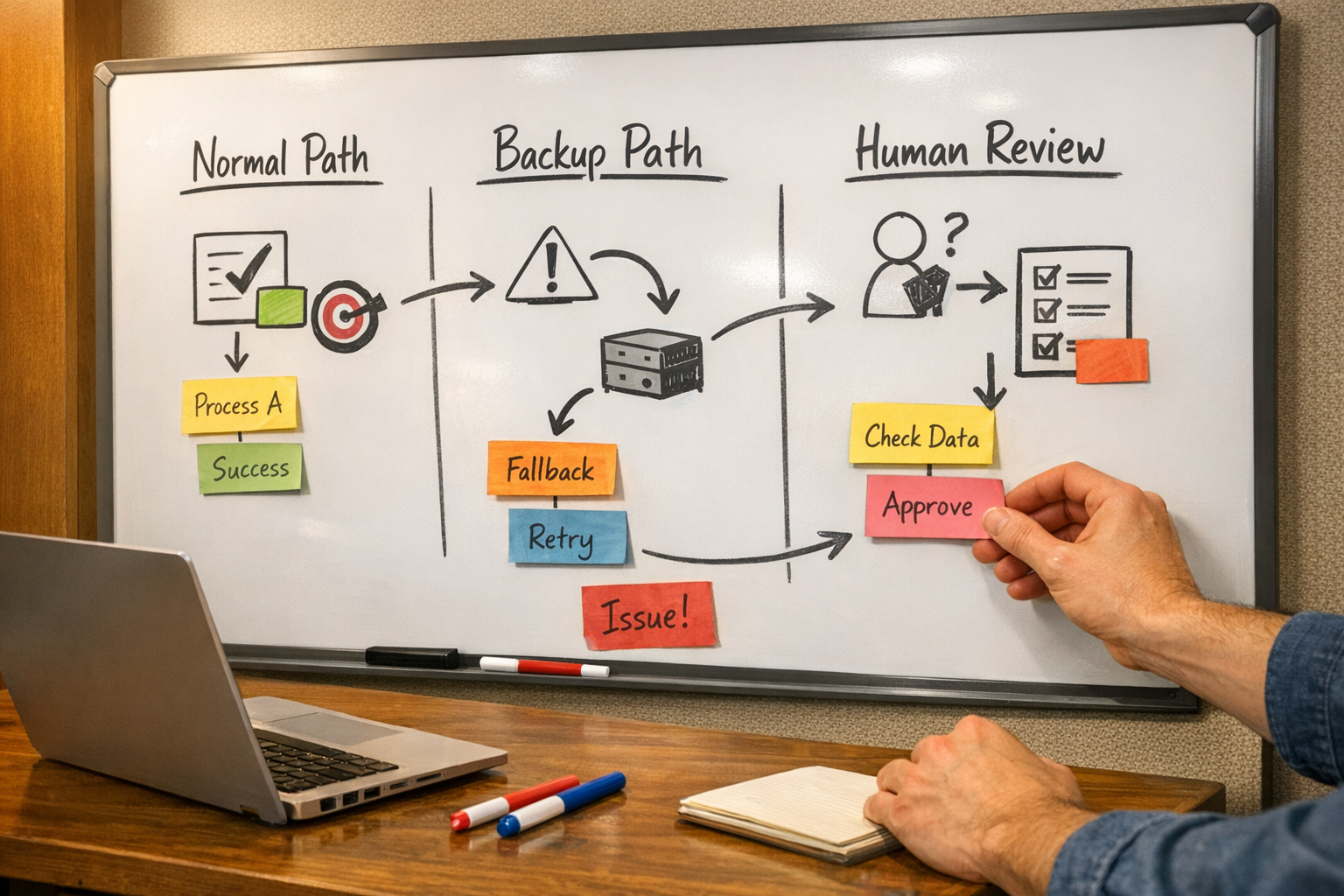 A team workspace scene with a whiteboard showing a simple fallback plan for an AI-assisted business workflow, without faces.