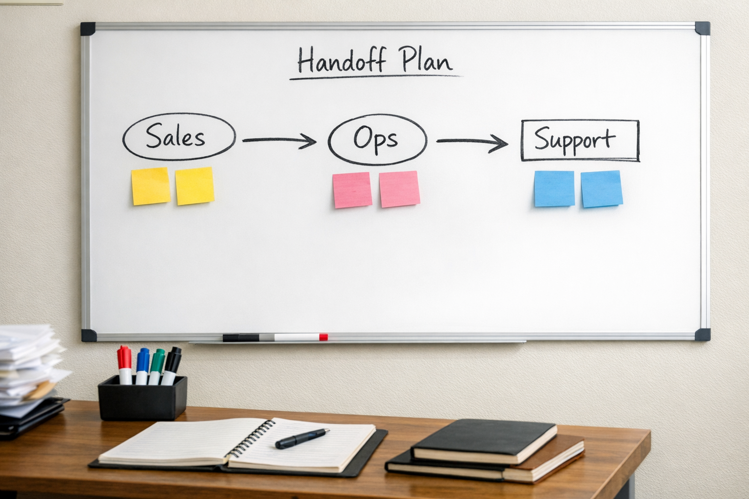 A workspace whiteboard showing a simple handoff plan between sales, operations, and support without using software logos.