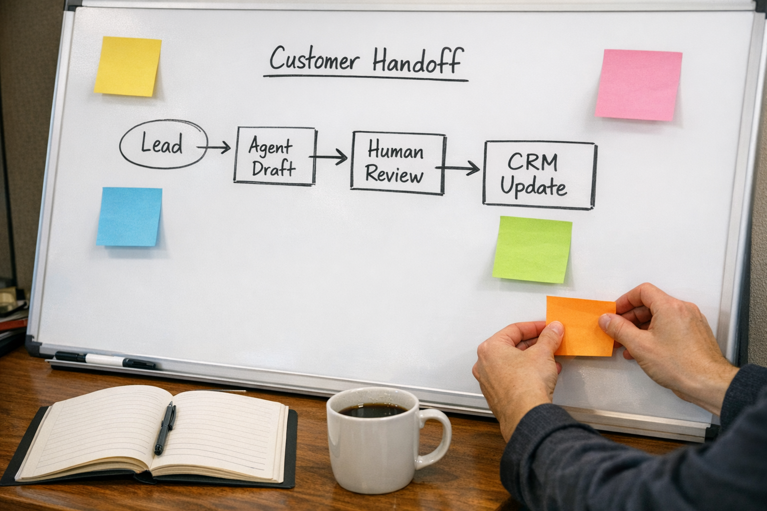 A team workspace with a whiteboard showing a simple operational handoff plan using sticky notes and arrows.