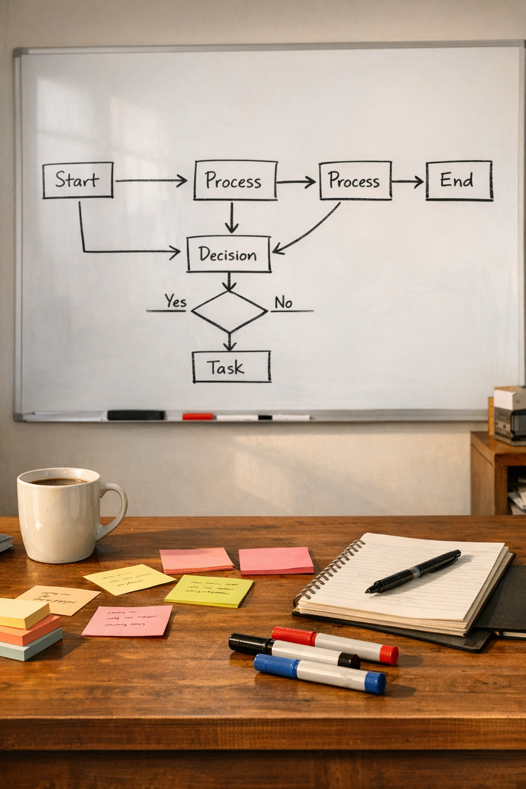 A whiteboard and desk planning scene showing a simple operational workflow being prepared for AI-assisted implementation.