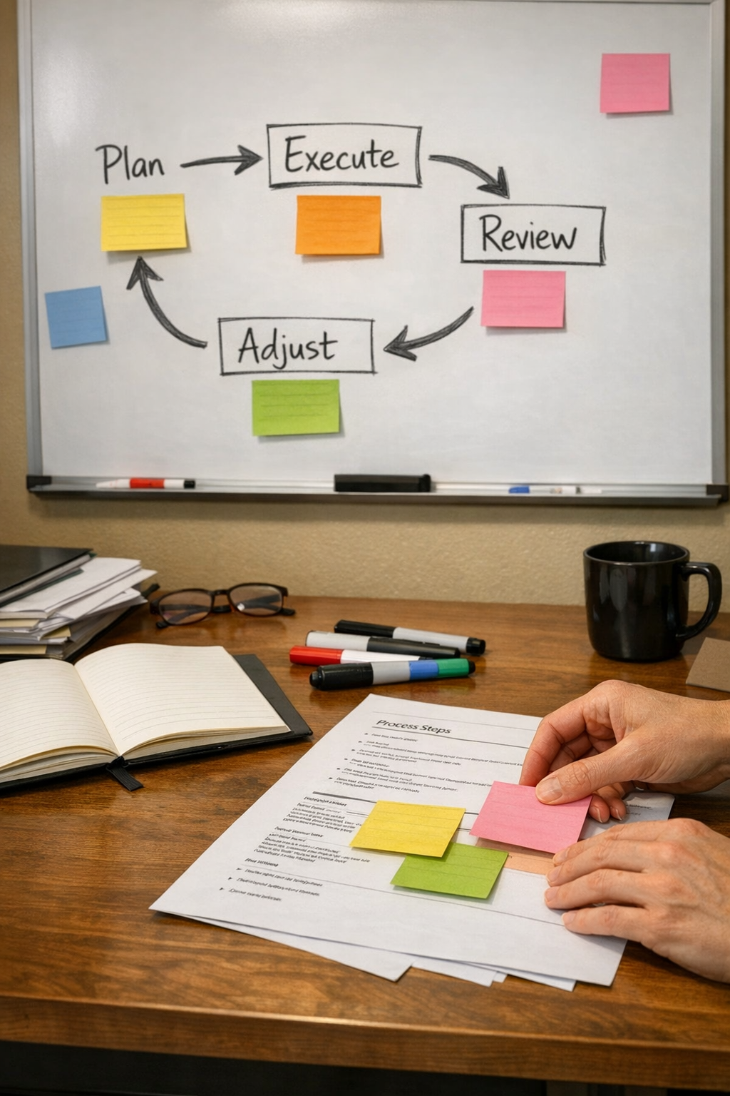 A team workspace without faces showing sticky notes, a whiteboard sketch, and an implementation plan for an AI-assisted workflow.