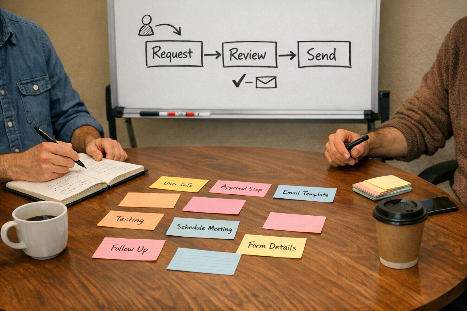 A workspace table with notes and a whiteboard sketch for planning an AI-assisted workflow.