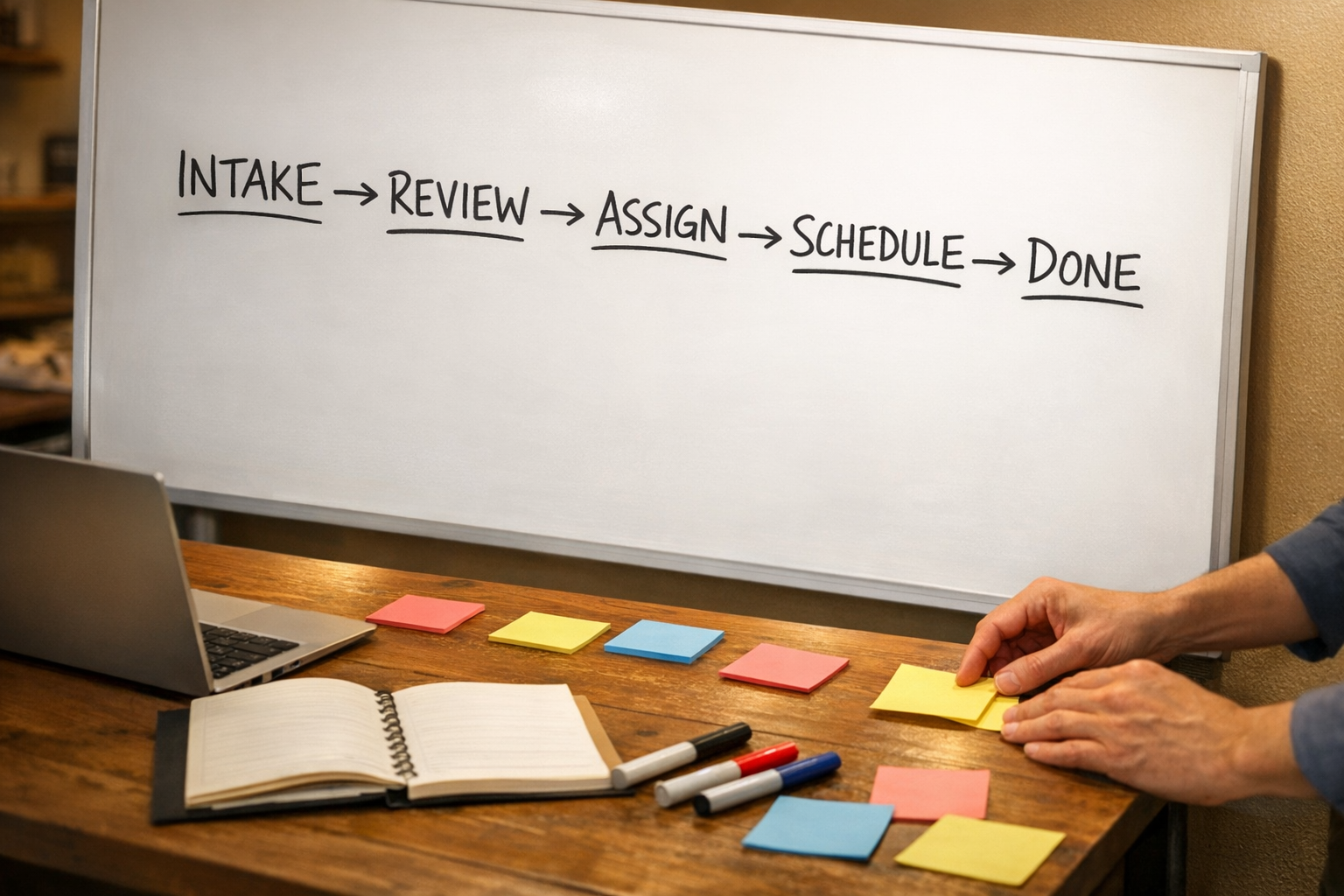 A team workspace with a whiteboard sketch for turning incoming tasks into assigned work.