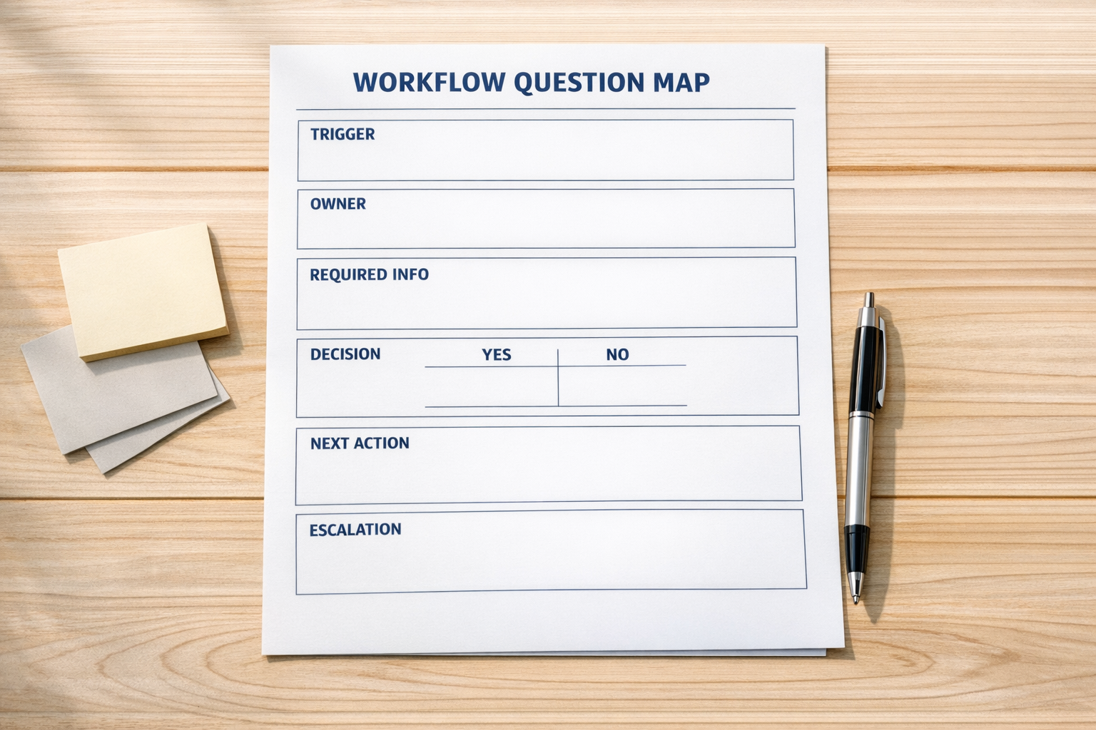 A printed worksheet showing a simple workflow question map with sections for trigger, owner, required information, decision, and next action.