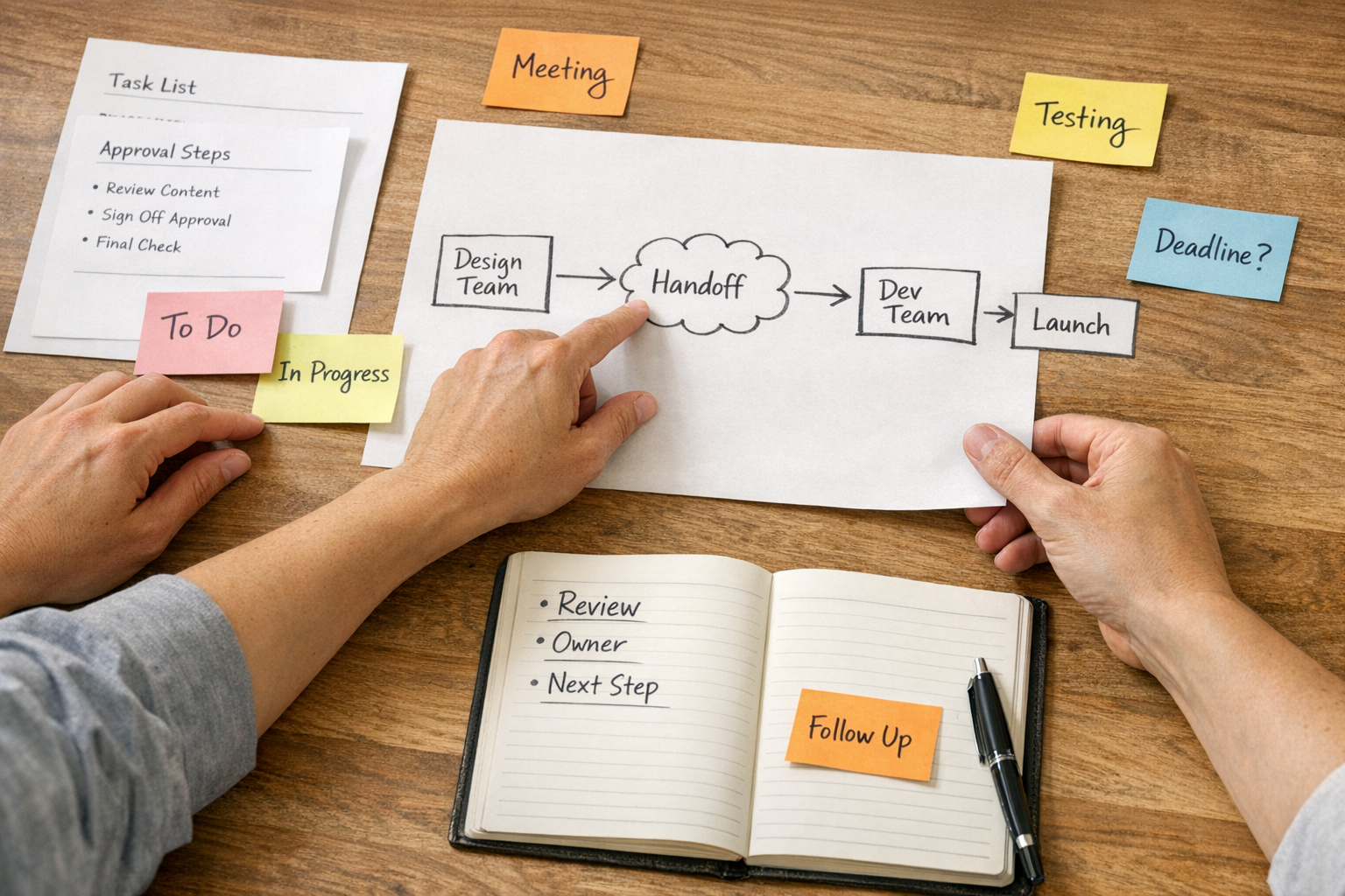 A calm workspace with printed workflow notes, sticky notes, and an operator reviewing automation ownership and handoff points.