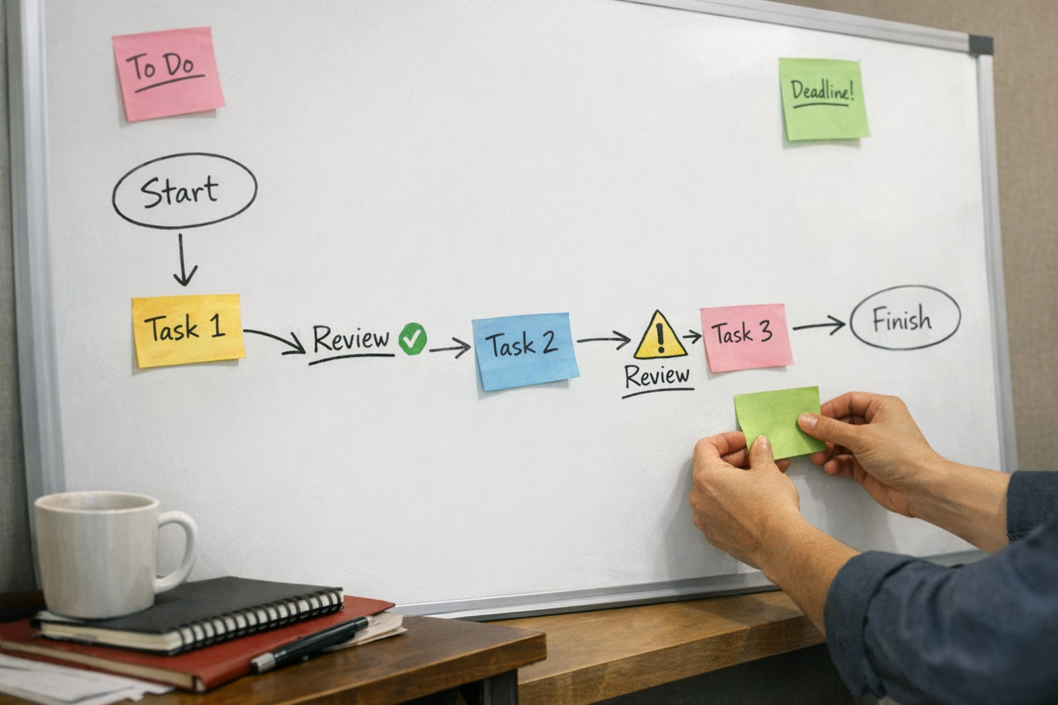 A team workspace with a whiteboard sketch of a workflow review, sticky notes, and implementation planning materials without visible faces.