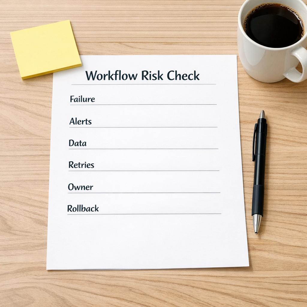 A printed workflow risk checklist with sections for failure, data storage, alerts, retries, and ownership.