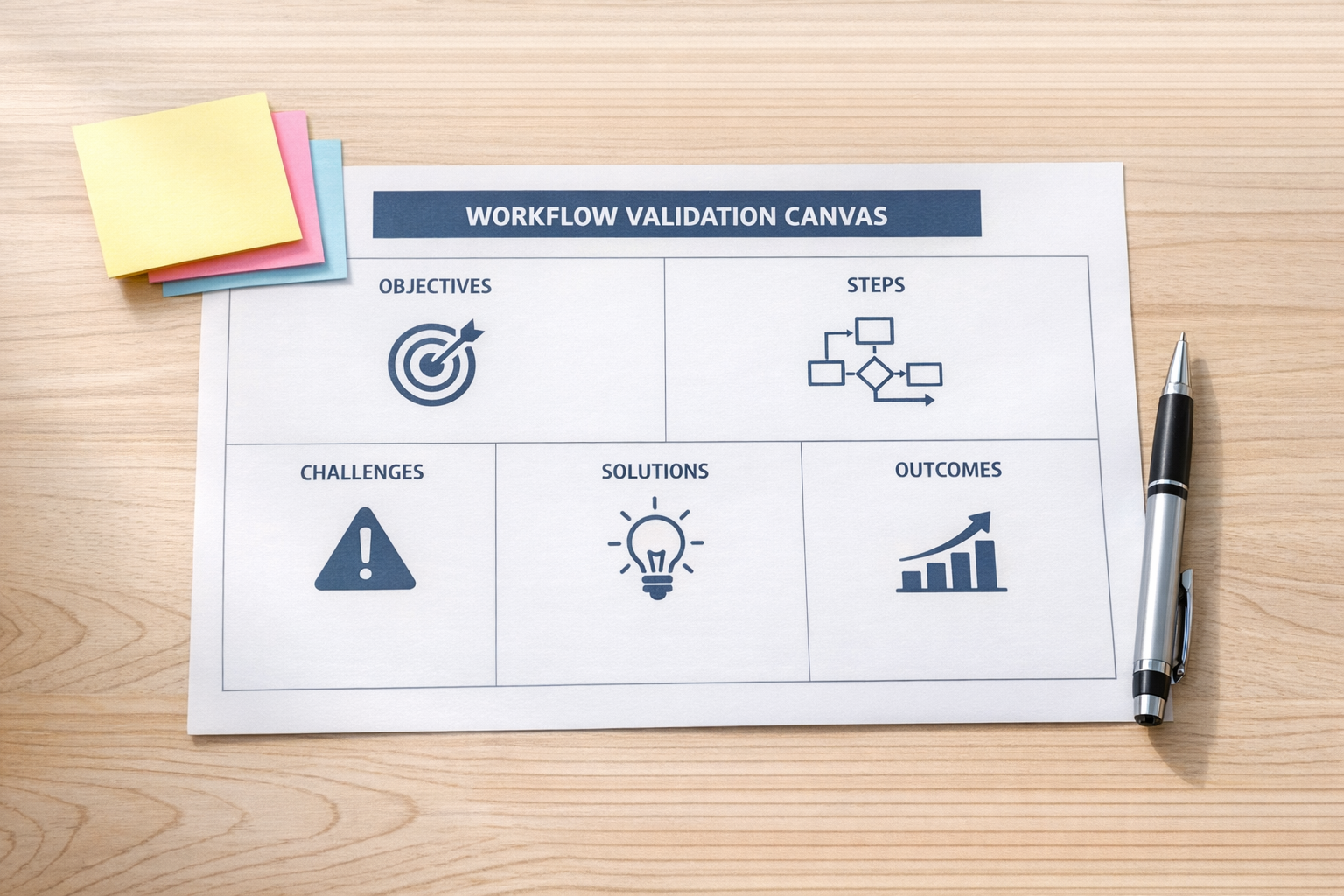 A printed workflow validation canvas with sections for trigger, owner, data, exception, and success criteria.