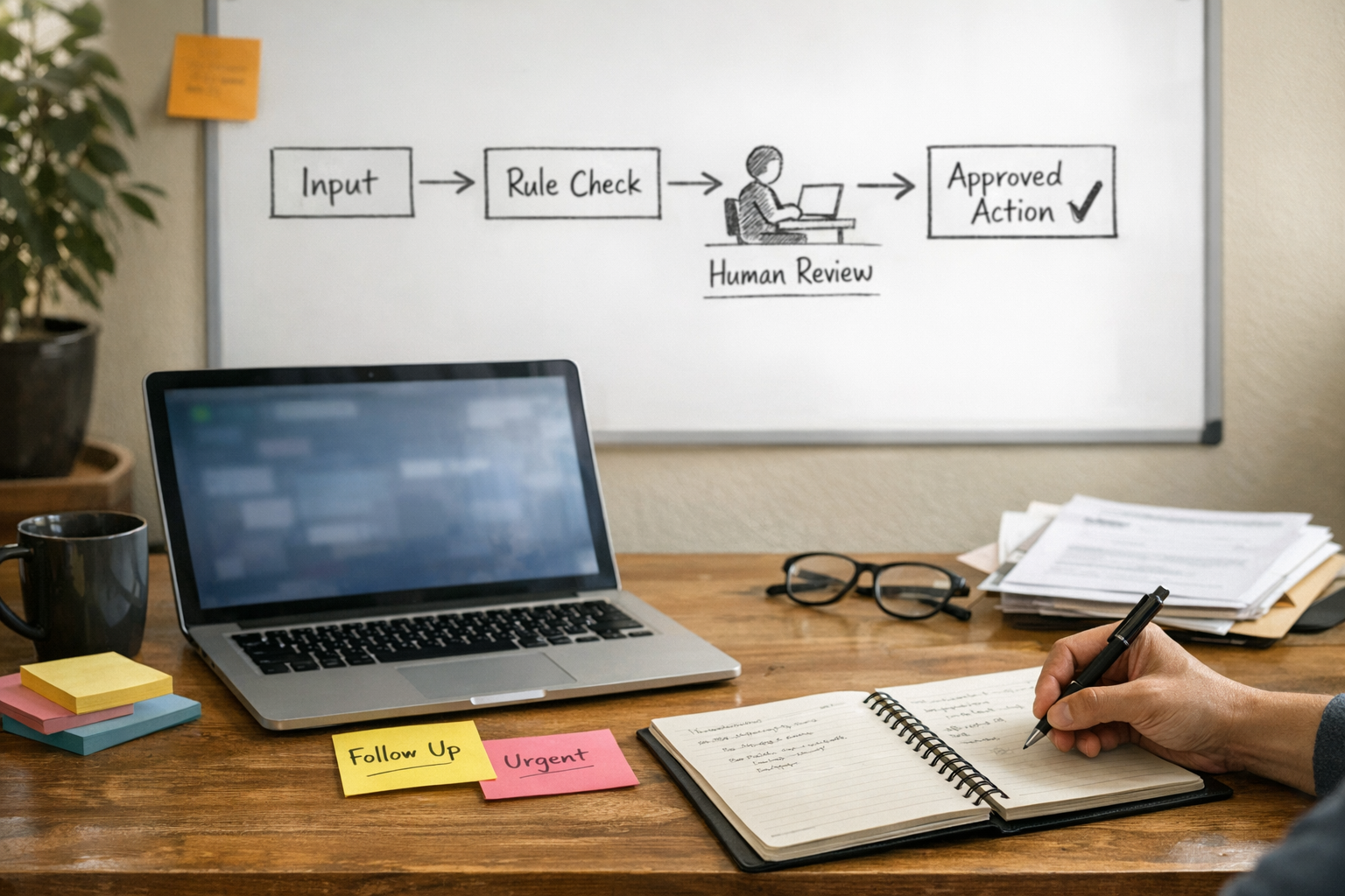 A real workspace with sticky notes, a laptop, and a whiteboard sketch showing an automation validation plan.