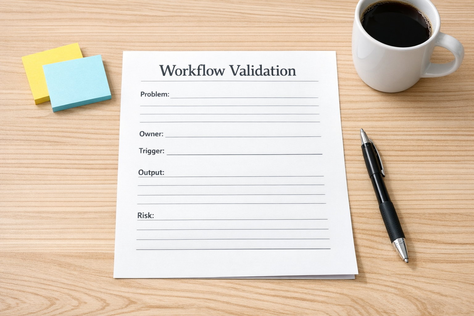A printed workflow validation worksheet with sections for problem, buyer, current process, risk, and proof.
