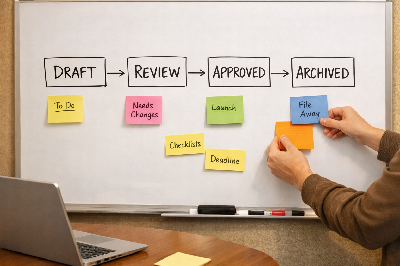 A workspace whiteboard showing a simple plan for approved workflow instructions, review steps, and team access.